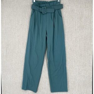 Super Down Pant Women S Teal Paperbag Waist Belted Pleated Straight Leg Trousers